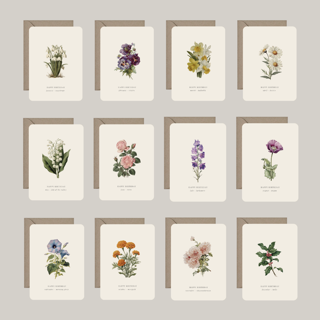 Geboortebloemen | 12 verjaardagskaarten met envelop