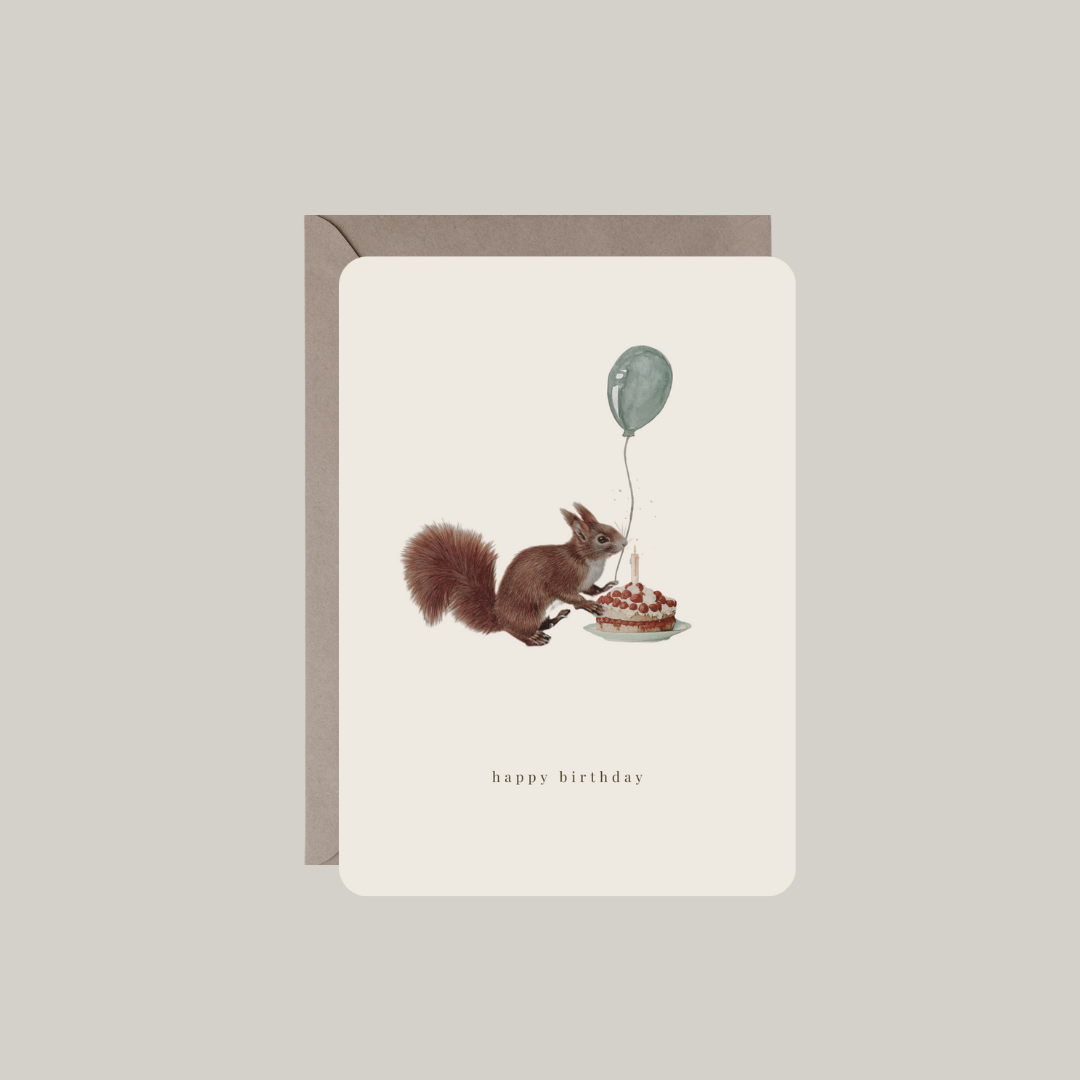 kaart-eekhoorn met ballon en taart