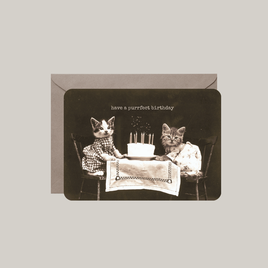 kaart-twee katten aan tafel-taart-vintage