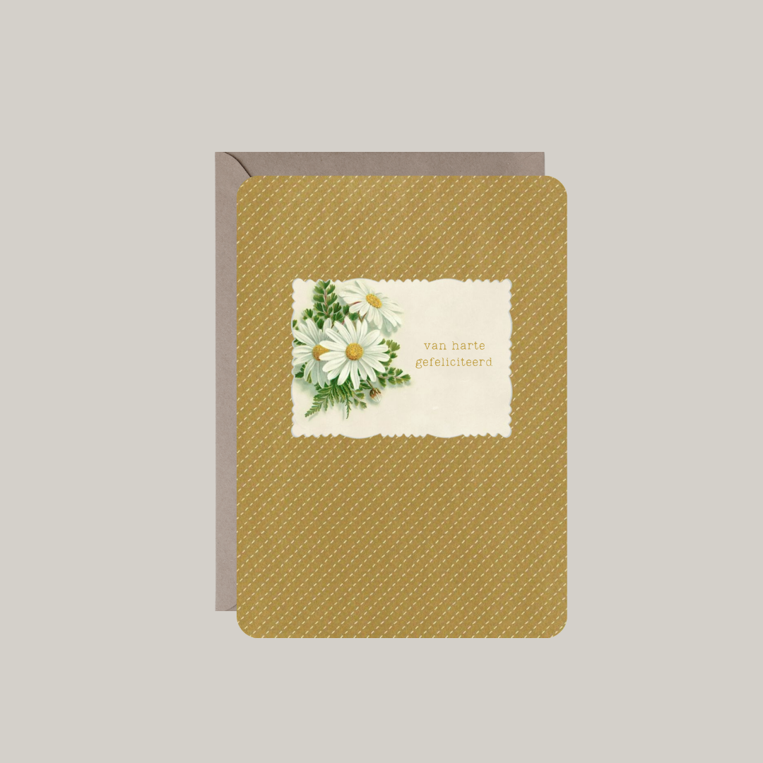 kaart-okerkleurig-label met madeliefjes